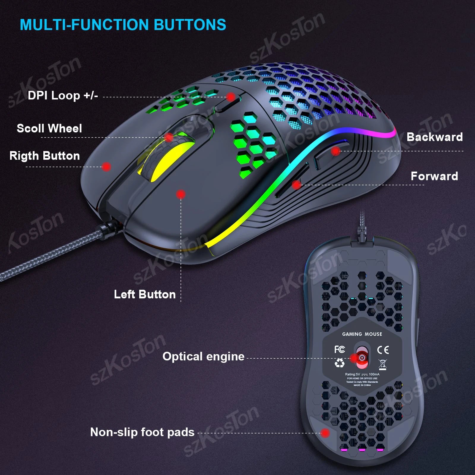 Mouse Gaming RGB 7200 DPI con Diseño Ergonómico