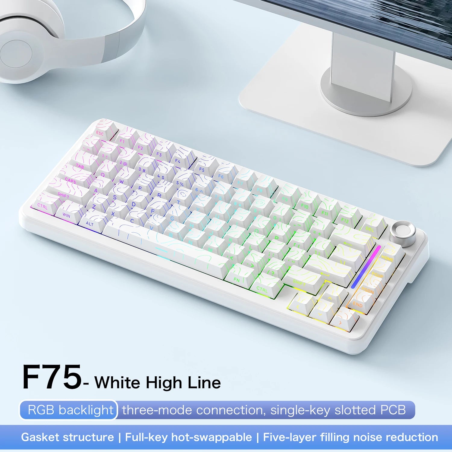 AetherF75 – Teclado Mecánico 75% RGB Tri-Mode Hotswap con Dial Metálico