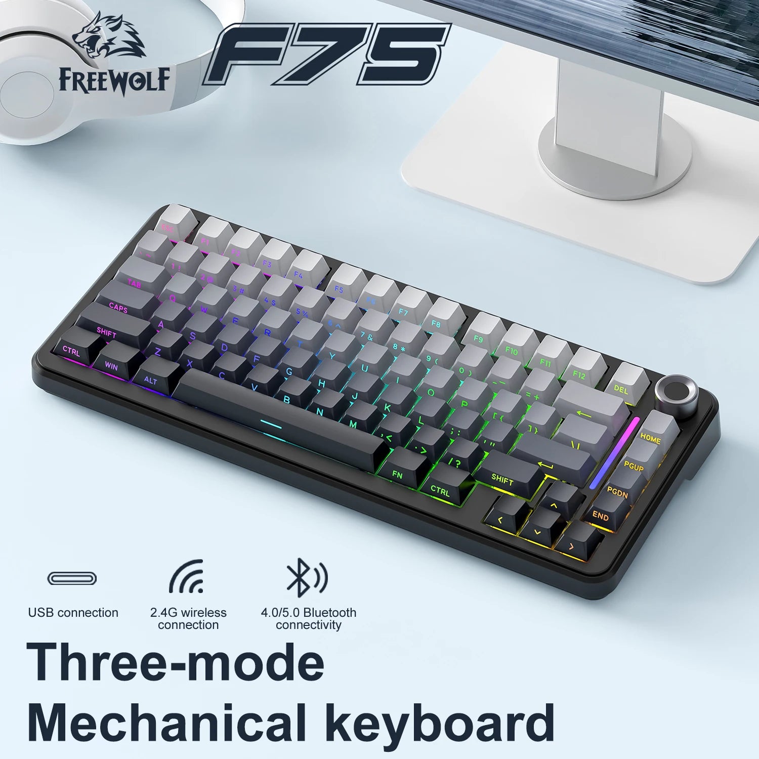 AetherF75 – Teclado Mecánico 75% RGB Tri-Mode Hotswap con Dial Metálico