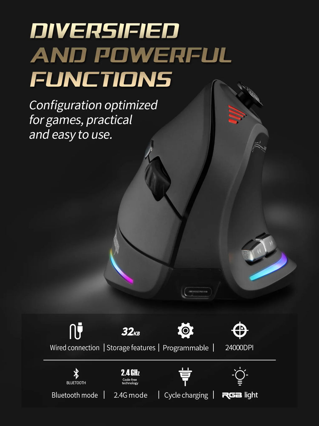 Ratón Gamer RGB Vertical con DPI Ajustable y Cable USB