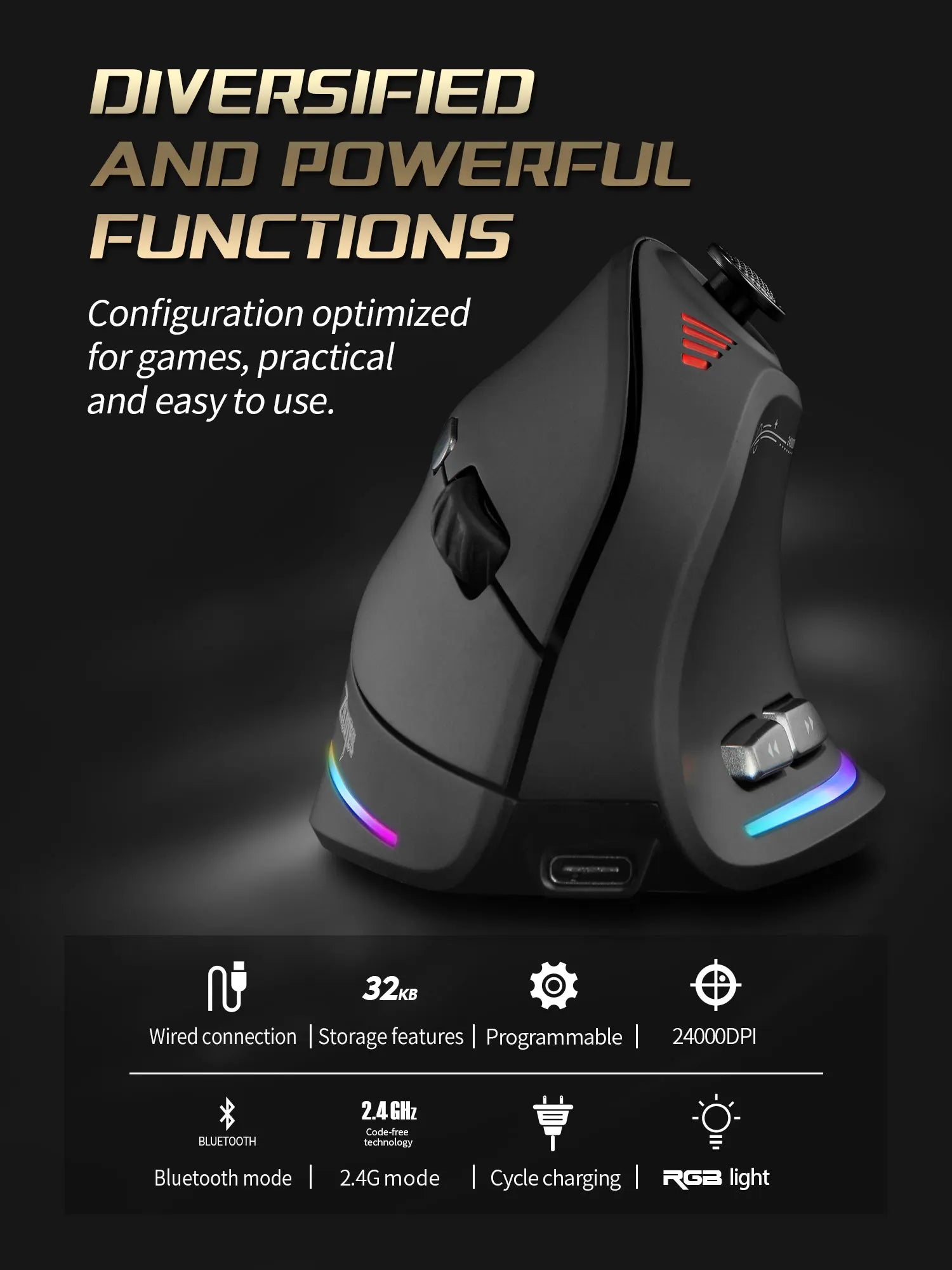 Ratón Gamer RGB Vertical con DPI Ajustable y Cable USB