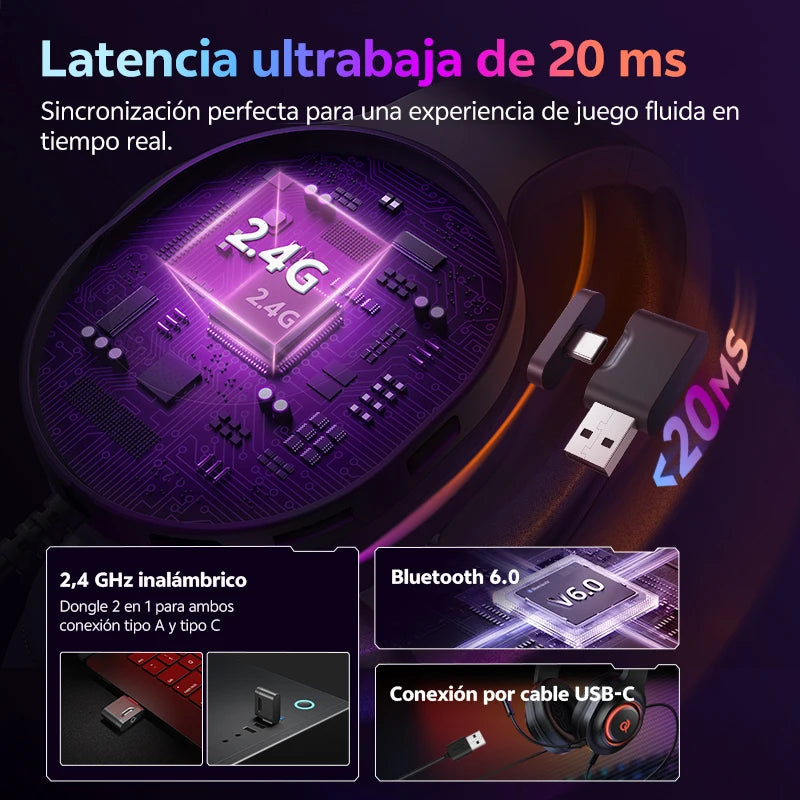 Auriculares Gaming QCY Heroad V200 RGB Bluetooth 6.0