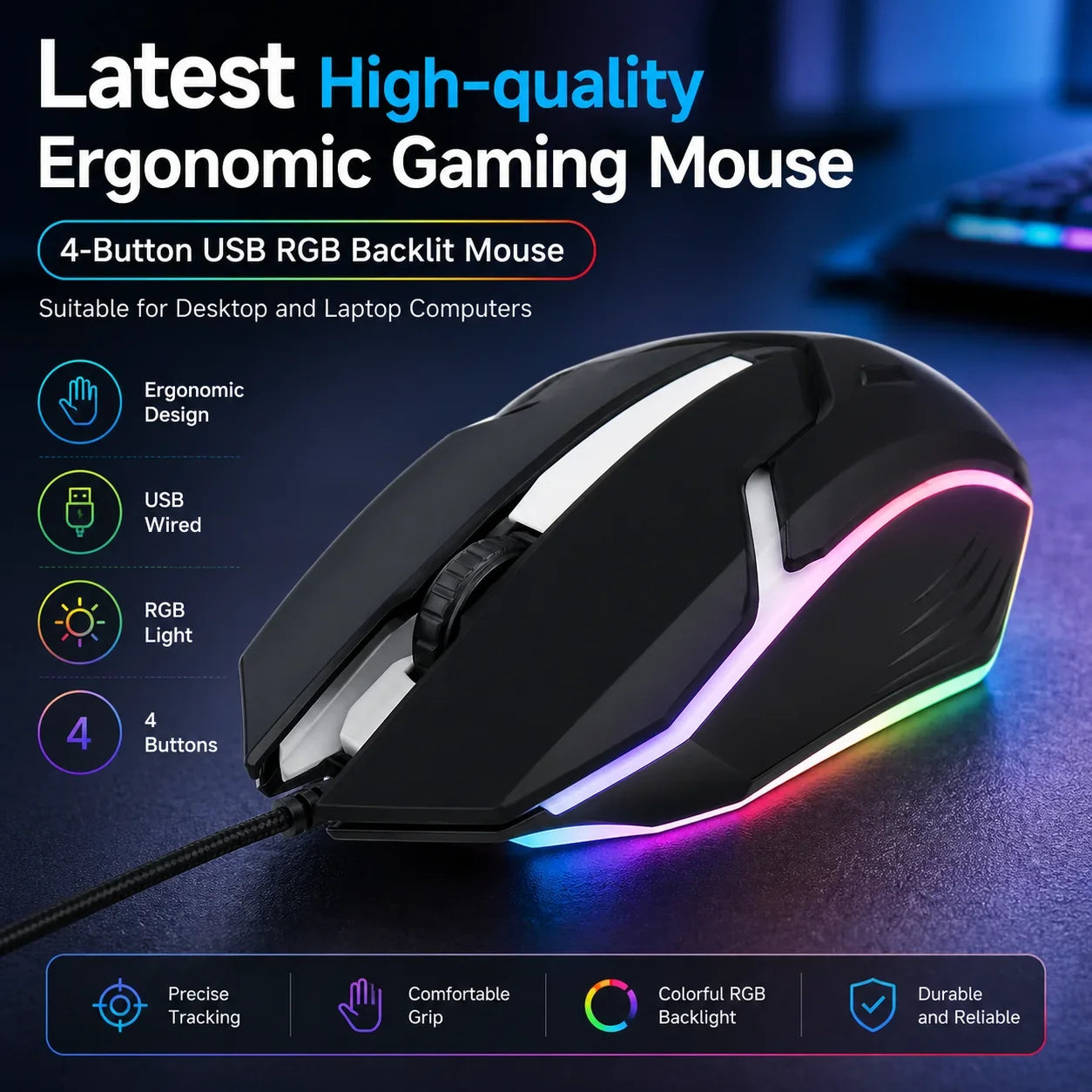 Ratón Gaming USB con 4 Botones y Retroiluminación LED