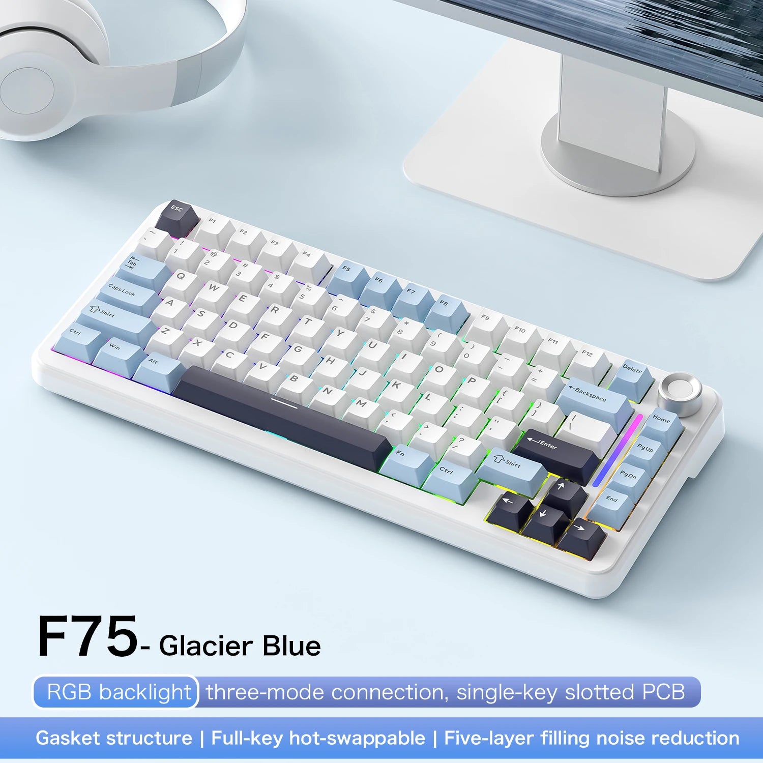 AetherF75 – Teclado Mecánico 75% RGB Tri-Mode Hotswap con Dial Metálico