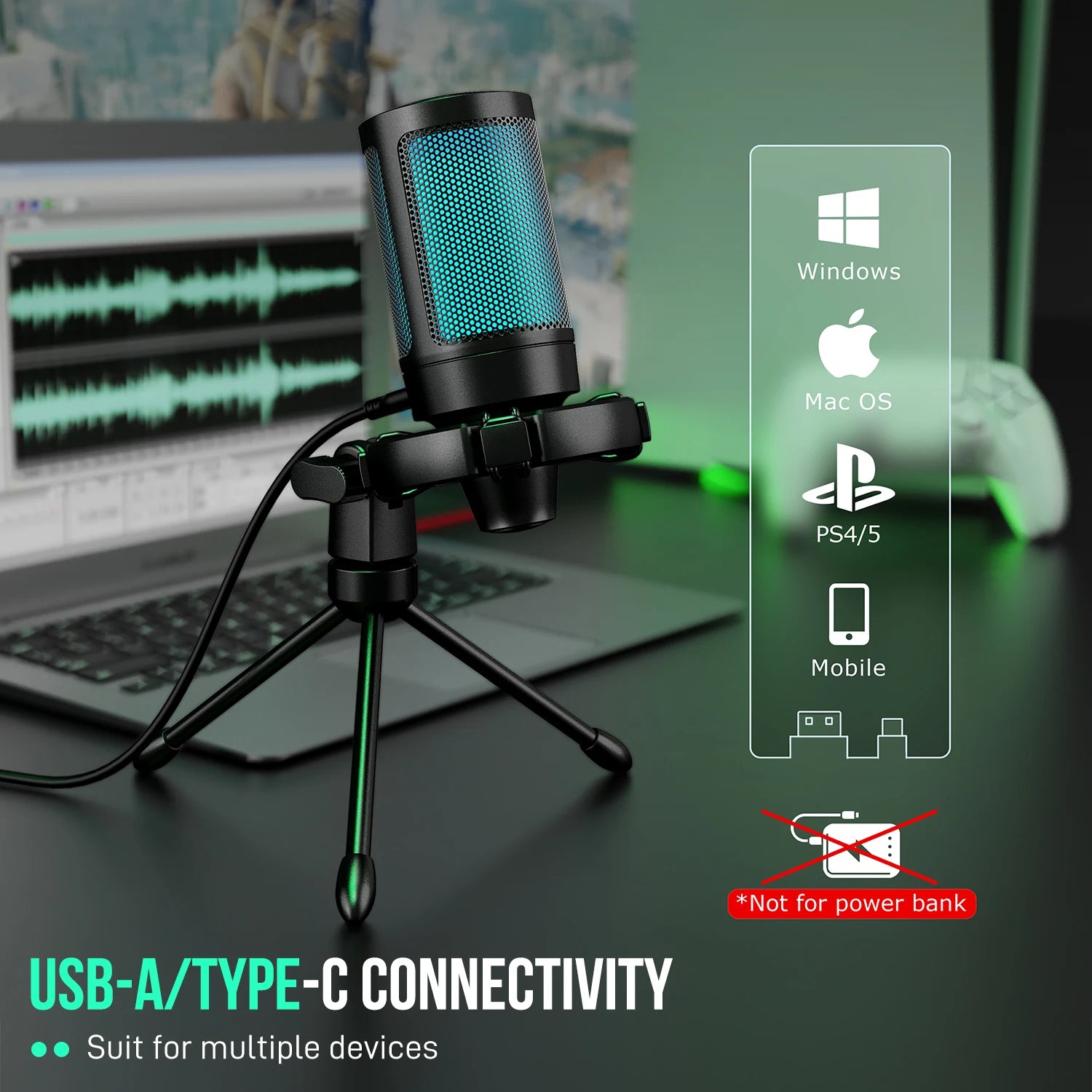 Micrófono Gaming RGB AmpliGame A2 con Trípode