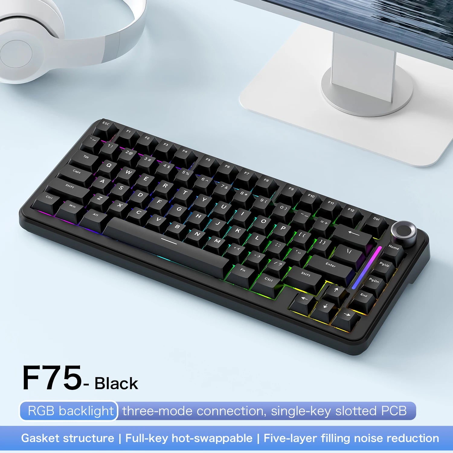 AetherF75 – Teclado Mecánico 75% RGB Tri-Mode Hotswap con Dial Metálico