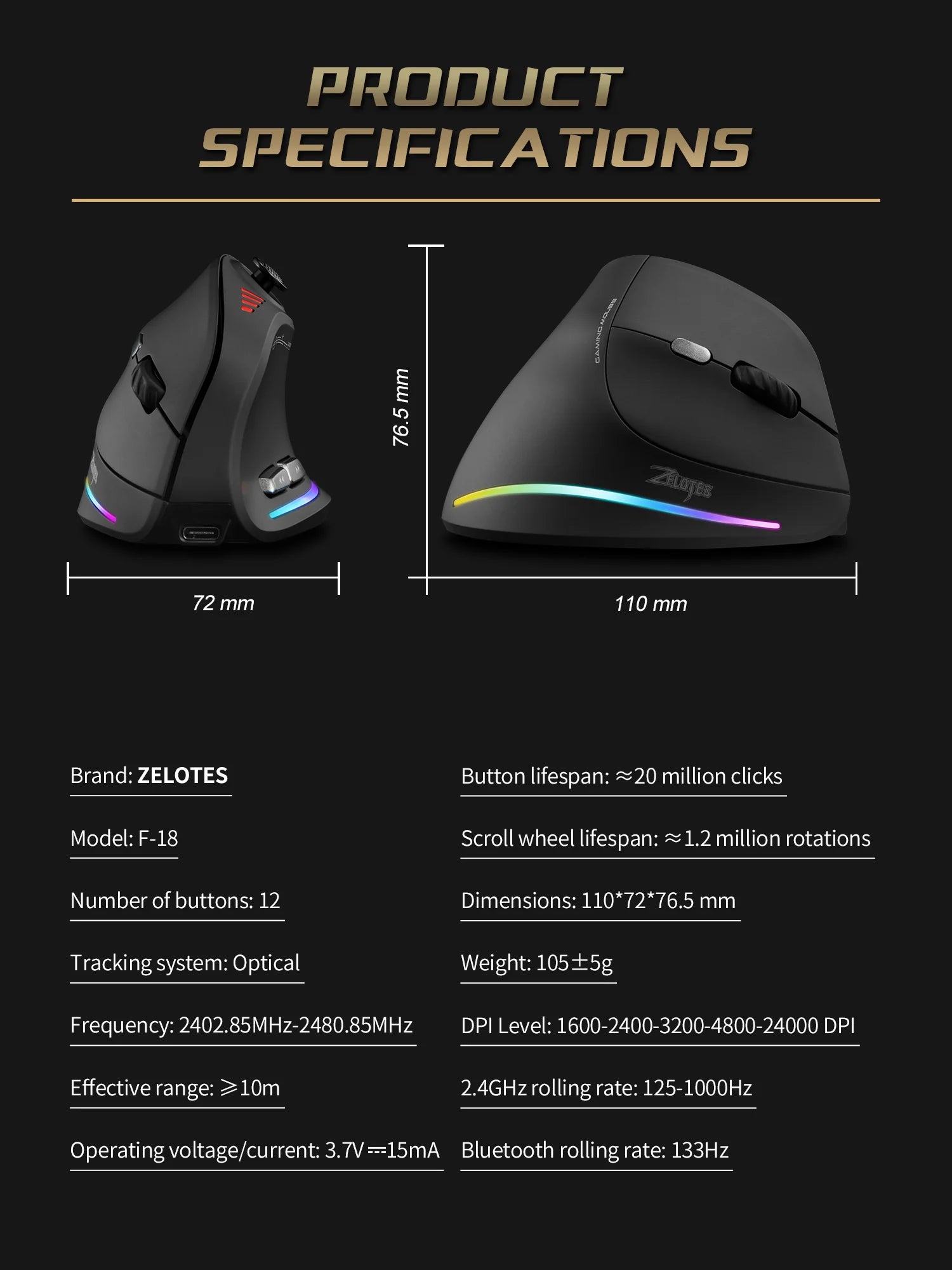 Ratón Gamer RGB Vertical con DPI Ajustable y Cable USB